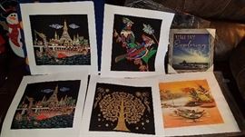 Asia art, painting, hand made, explore, picture, tree of life, village scene, river scene, thailand, vietnam, fabric art paintings. birds, dragon boat