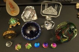 Misc Crystal and glass decor. Judaica, Jewish Star Centerpiece, Mini Crystals, pyramid, St Sophia Crystal block from Turkey, Beautiful Crystal Dreidel, Gold with stone dreidel, spinning top, Crystal Diamond candle holder, Crystal ceramic turtle, and more!