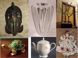 An Awesome, unique, one-of-a-kind from West Africa, Dogon Country, Wooden, hand carved Mask. This is a gorgeous piece to add to a collection!!  Orrefors, Swedish, Zodiac Vase. This is hard to find. Super heavy gorgeous crystal piece. Decor, vase, flower holder, centerpiece, bowl. I have the matching Zodiac bowl as well and both come in original boxes! 
Manzanita Trees - There are two small like this for jewelry holders and there may also be two really large manzanita trees for outside to carry lanterns or tealights. Porcelain Ceramic Crystal Turtle, Noritake China Devotion full service for 13 and all serving pieces, call to make offer on the china set. Beautiful rare Turkish doll from Turkey.  Soğanlı Fabric Rag Doll. Village is famous for these dolls. They have made them for centuries. It is near Goreme and Cappadocia. This Bride doll though is a Super Rare Find! She is very beautiful and unique! 