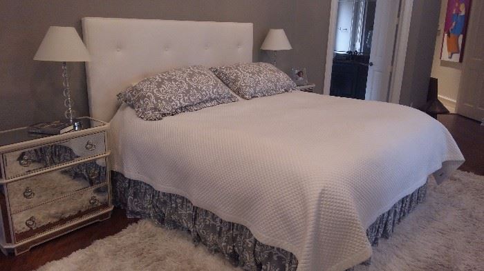Simmons Beauty Rest Mattress $150.00                 Queen Bed Tufted headboard and frame $900                                                                               pair of 2 mirrored dressers 3 drawers 14x32x29       $350 each 
