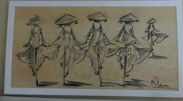 Vintage Asian Chinese Girls on Bicycles Signed Painting