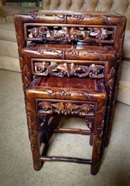 Carved hardwood stacking tables