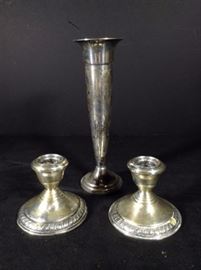 Sterling silver vase and candle holders