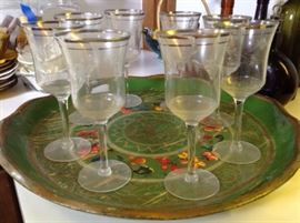 Vintage etched glass and painted wood tray