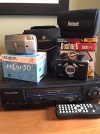 Bushnell Camera Binocs, Minolta Vectis 30, Panasonic Omnivision VHS, travel Camera Bag