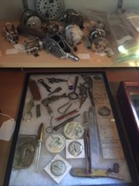 Old reels and collectors box of misc