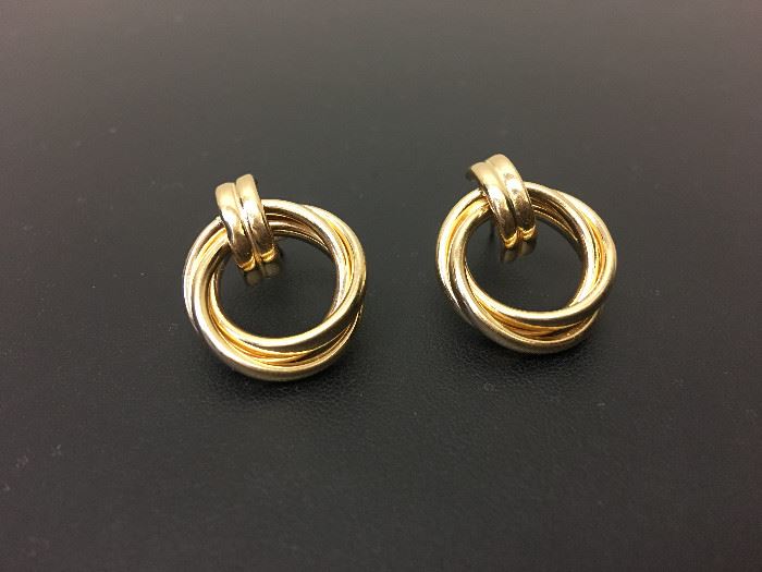 Gold Hoop Style Earrings-14k yellow gold, lady's hoop style earrings, designed in a multi tubular style with a friction post and clutch.  Description and appraisal by:  Peter Naughter G.G., A.G.S.  Gemological Laboratory Oct 2016.  Fair Market Value is $150.00