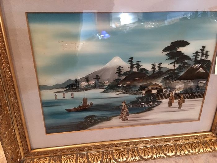 This is a beautiful Japanese Reverse on Glass painting of Mt. Fuji,  Meji period.  Minor imperfections.  Appraised at $300.00.  Offered at $250.00 OBO