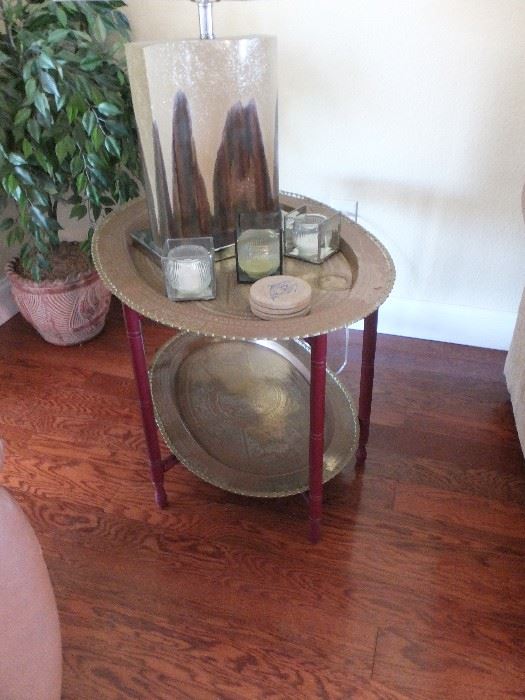 double brass tray table on wood base
