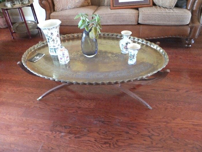 brass tray table on wood base