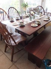 Wood drop leaf table, 2 chairs and 1 bench