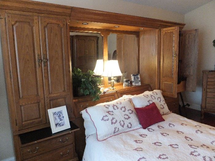 Thomasville Queen headboard with storage, lighted bridge and 2 side cabinets