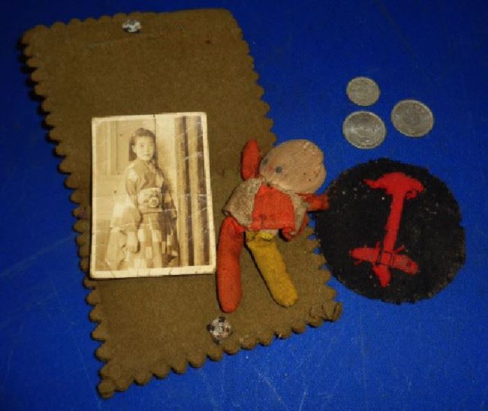 RARE WWII-era Japanese Captured Keepsake pouch with picture of daughter(?), a small doll, coins, cloth symbol