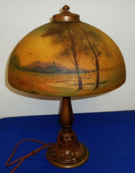 Antique Pastoral Scene Lamp, Reverse Painted