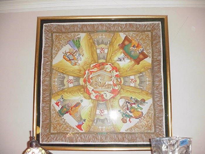 Gucci scarf depicting famous operas including Carmen, Tristan and Isolde, Aida, framed