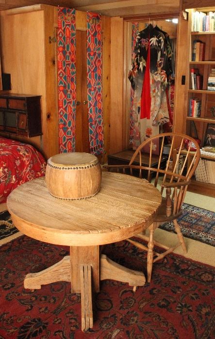American oak table, hoop-back chair, turn-of-the-century kimono