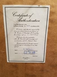 Certificate of Authentication for A Winston Churchill Lithograph signed (autographed) by Artist, first painted 1948 was Churchill's stamp on front right (bottom) of print.