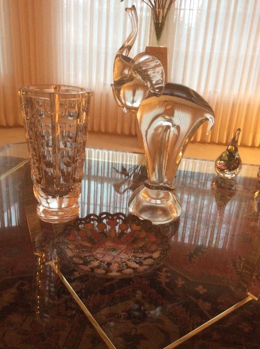 Crystal vase and elephant, metal art dish