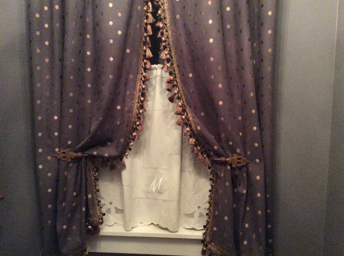 Slate linen lined, tassel fringed curtains