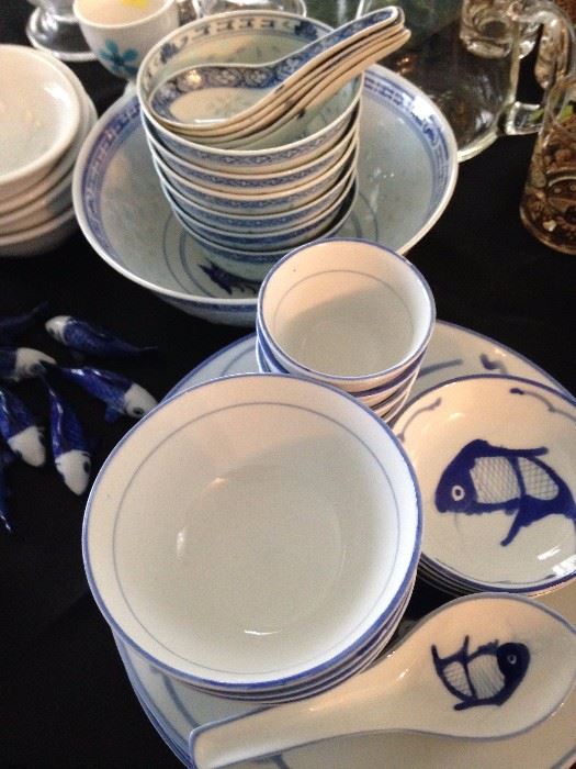 Antique, China: circa 1900 - 1920 translucent porcelain rice bowls and blue & white Koi fish porcelain dish set for 4.