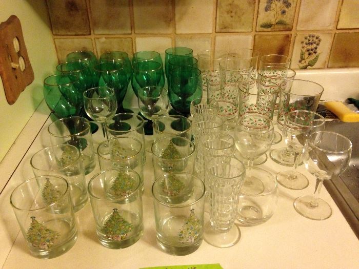 Lots of kitchen glasses, including holiday.