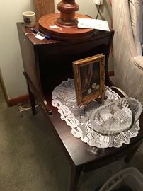 End Table, Mahogany (2); Small Oil & Leaded Glass Bowl
