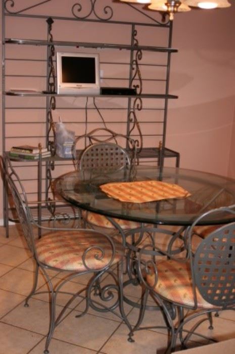 Baker's Rack with Round Glass & Metal Table with 4 Chairs