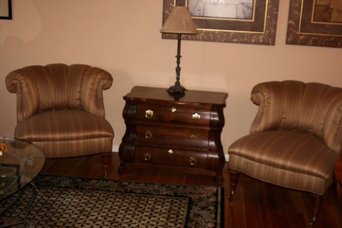 Pair Upholstered Chairs and Chest with Lamp