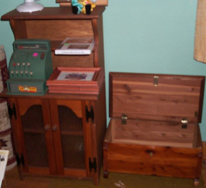 Child's wood cupboard and chest
