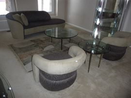 DESIGNER CONTEMPORARY WEIMAN FURNITURE-CHAISE LOUNGE, 2 MATCHING CHAIRS, AREA RUG, GLASS TOP SIDE TABLES