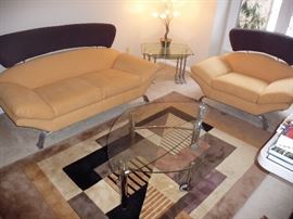 CONTEMPORARY JAYMAR SOFA AND CHAIR, GLASS COFFEE TABLE,AREA RUG