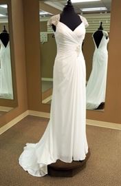 Maggie Sottero Grecian Chiffon Sheath Wedding Gown w/Crystal Cap Sleeves, Ivory, Size 8