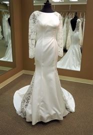 Kitty Chen Elegant Silhouette Wedding Dress w/Illusion Side Panels and Sleeves, Ivory, Size 8