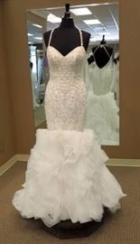 Kitty Chen Beaded Bodice Mermaid Wedding Gown w/Criss Cross Straps, Ivory, Size 8