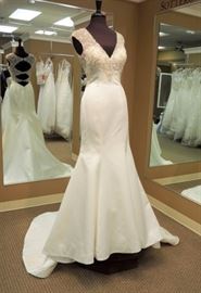 Allure Bridal Satin Trumpet Wedding Gown w/Illusion Back, Crystal Bodice Buttons Down Train, Ivory With Silver, Size 10