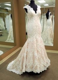 Allure Bridal Lace Trumpet Wedding Gown, Champagne and Ivory, Size 10