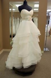 Casablanca Ruched Bodice w/Layered Skirt Wedding Gown, Crepe Organza w/Horsehair Trim, Ivory w/Ivory and Silver Belt, Size 12