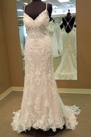 Katy Chen Sheath Wedding Gown, Buttons Down Train, Beaded Shoulder Accent, Ivory Over Nude, Size 10