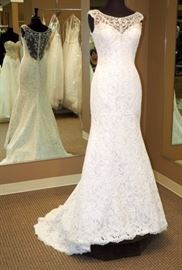 House of Wu Jacqueline Exclusive Beaded Illusion Neckline Sheath Gown, Ivory Over Oyster w/Silver Beadwork, Size 8