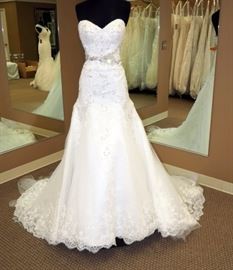 Val Stefani Haute Couture Strapless Fit n Flare With Beaded Sash, Color Ivory, Size 8