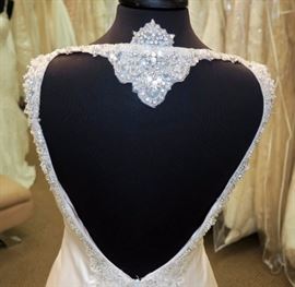 Christina Wu Satin Fit n Flare With Low Back Beading, Color Ivory With Silver Accents, Size 4