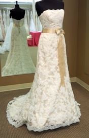 Maggie Sottero Sparkling Lace Gown With Ribbon Sash, Color Ivory Over Lt Gold, Size 10