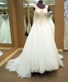 Allure Bridals Tulle Ball Gown With Beaded Bodice, Color Ivory With Silver Accents, Size 14