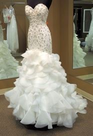 Kitty Chen Fit n Flare Gown With Beaded Bodice and Ruffled Skirt, Color Ivory, Size 6