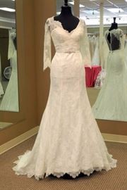 House of Wu Private Collection Trumpet Style Charmeuse w/Lace Overlay, Illusion Back, 3/4 Sleeves, Ivory Over Ivory, Size 8