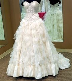 Val Stefani Haute Couture Taffeta Ball Gown w/Fully Beaded Bodice, Ivory w/Silver Accents, Size 8