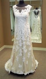 Sottero & Midgley Sheath Style Gown w/Embroidered Lace, Ivory Over Lt. Gold, Size 12
