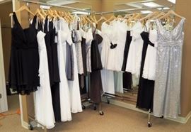 Allure Bridesmaids Dresses, Qty 22, Includes: 1493, Purple Print, Size 16; 1474, Gold, Size 14; 1494, Orange Print, Size 10; 1471, Stone, Size 12