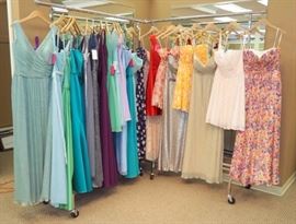 Allure Bridesmaids Dresses, Qty 22, Includes: 1493, Purple Print, Size 16; 1474, Gold, Size 14; 1494, Orange Print, Size 10; 1471, Stone, Size 12