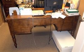 Vintage, Heavily Carved, 5-Drawer, Double Pedestal Desk, Wood Inlay in Center